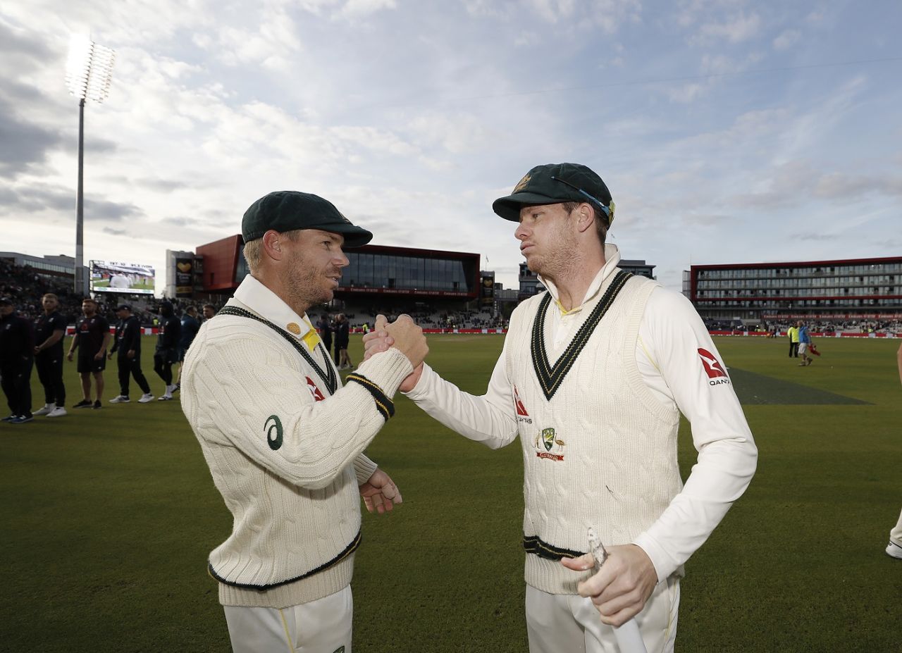 David Warner and Steven Smith shake hands after the match, England v Australia, 4th Test, Old Trafford, 5th day, September 8, 2019