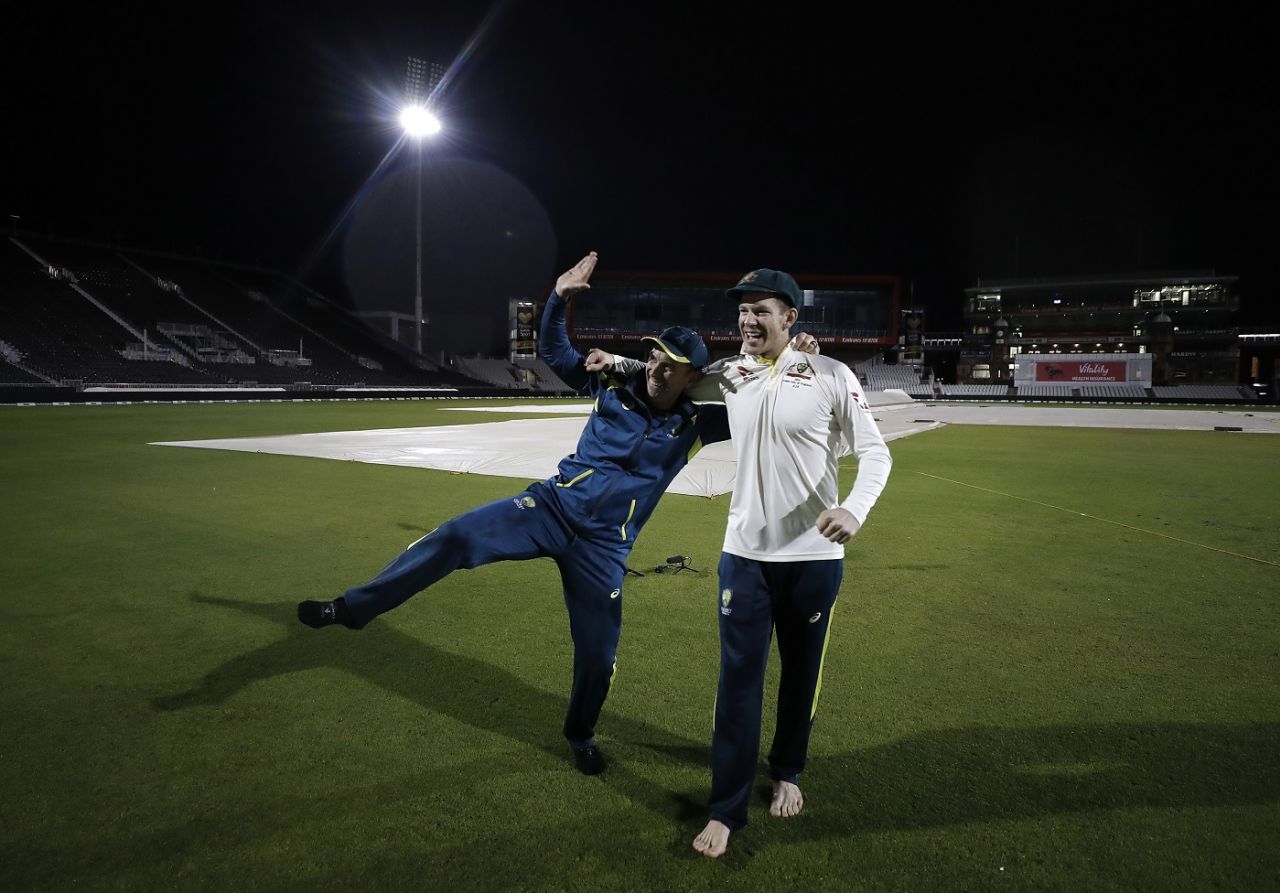 Justin Langer and Tim Paine celebrate after Australia claim victory, England v Australia, 4th Test, Old Trafford, 5th day, September 8, 2019