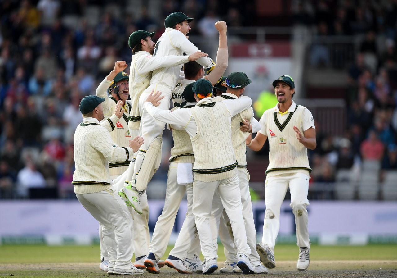 Australia celebrate after they claim victory to retain the Ashes, England v Australia, 4th Ashes Test, Old Trafford, Manchester, Day 5, September 8, 2019
