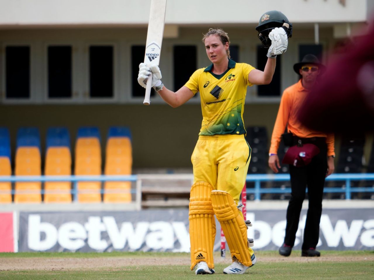 Ellyse Perry celebrates her century, West Indies Women v Australia Women, 2nd ODI, North Sound, September 8, 2019