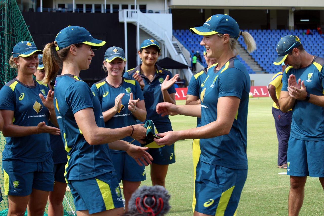Erin Burns receives her ODI cap from Ellyse Perry, West Indies Women v Australia Women, 2nd ODI, North Sound, September 8, 2019