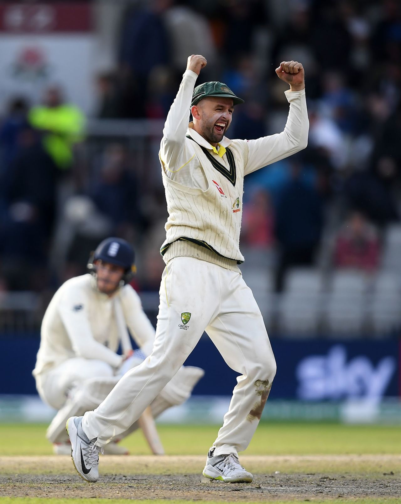 Nathan Lyon celebrates the final wicket of Craig Overton, Old Trafford, September 8, 2019