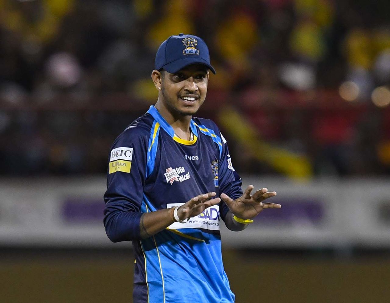Sandeep Lamichhane reacts in the field, Guyana Amazon Warriors v Barbados Tridents, CPL 2019, Providence, September 8, 2019