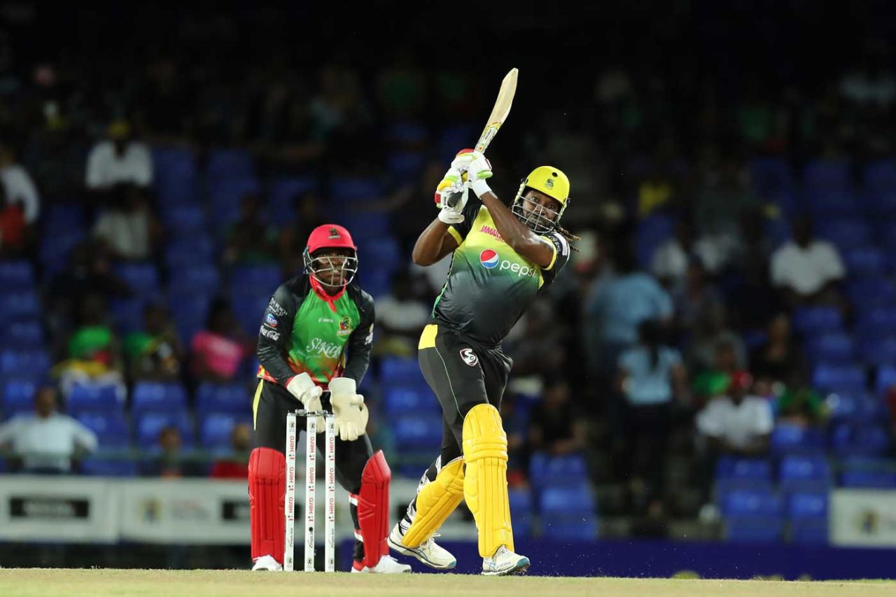 Chris Gayle drills one over long-on, St Kitts and Nevis Patriots v Jamaica Tallawahs, CPL 2019, September 10, 2019