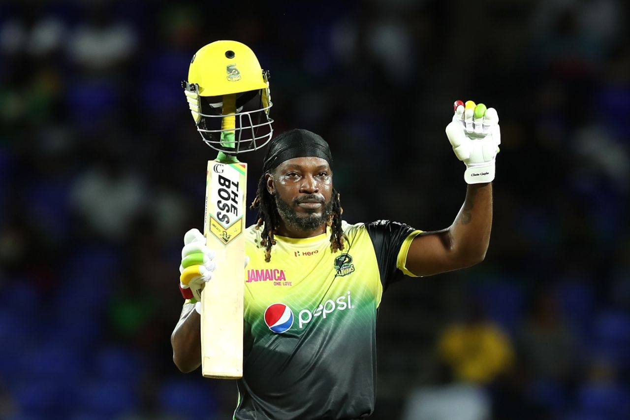 Chris Gayle celebrates his hundred, St Kitts and Nevis Patriots v Jamaica Tallawahs, Basseterre, CPL 2019, September 10, 2019