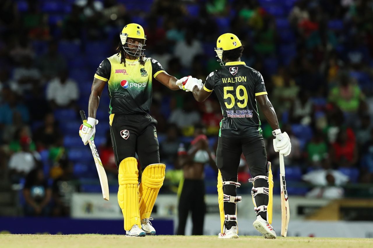 Chris Gayle and Chadwick Walton fist-bump during their partnership, St Kitts and Nevis Patriots v Jamaica Tallawahs, Basseterre, CPL 2019, September 10, 2019