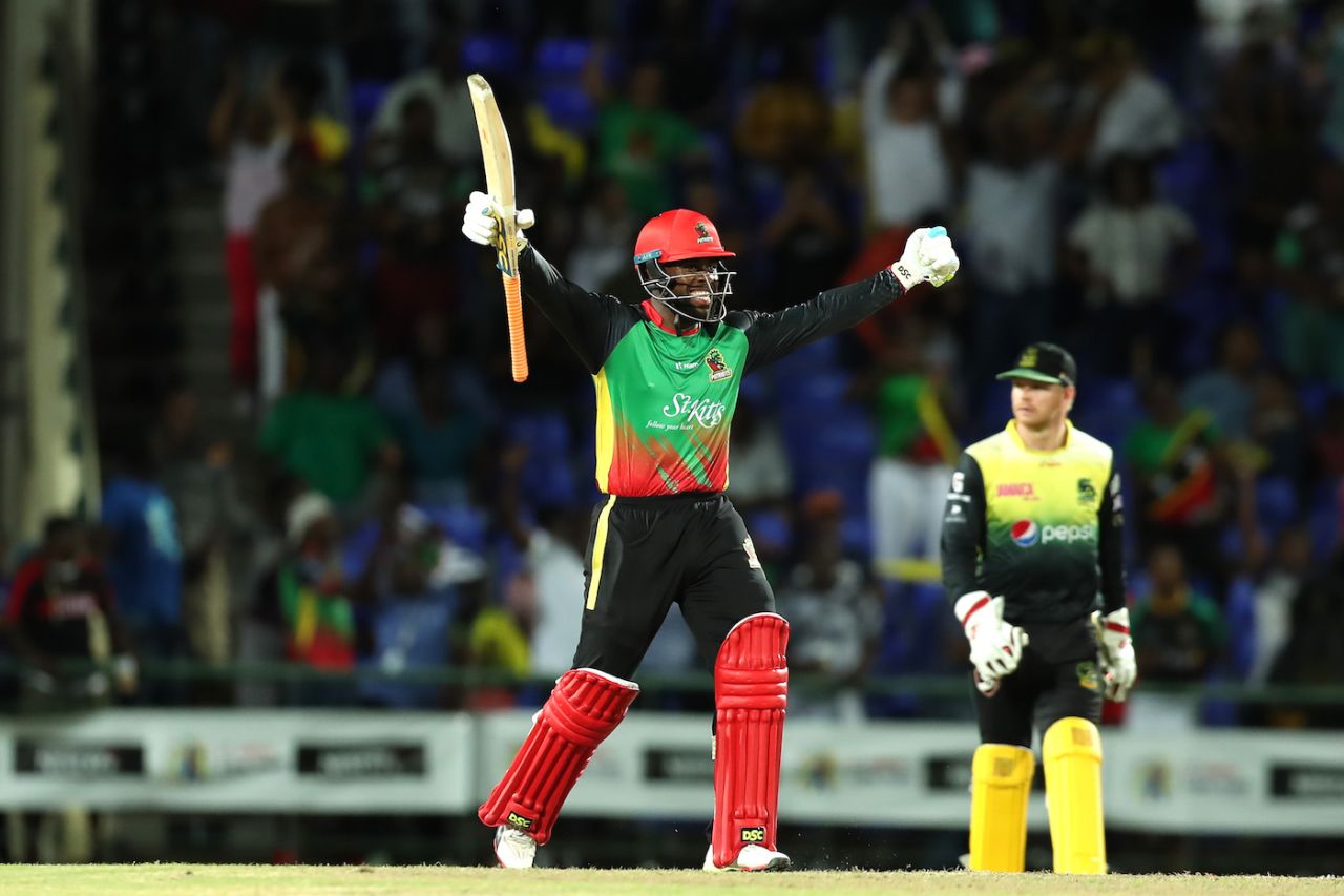 Fabian Allen is thrilled after hitting the winning runs, St Kitts and Nevis Patriots v Jamaica Tallawahs, Basseterre, CPL 2019, September 10, 2019