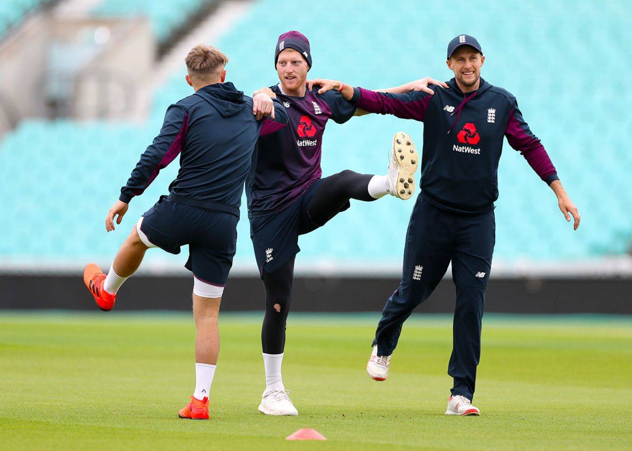 Sam Curran, Ben Stokes and Joe Root warm up at The Oval, England v Australia, 5th Test, The Oval, September 11, 2019