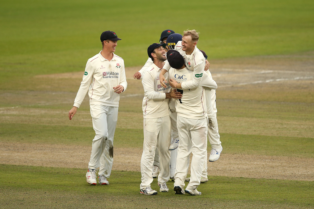 Lancashire celebrate their promotion-clinching victory, Lancashire v Derbyshire, County Championship, Division Two, Old Trafford, September 12, 2019