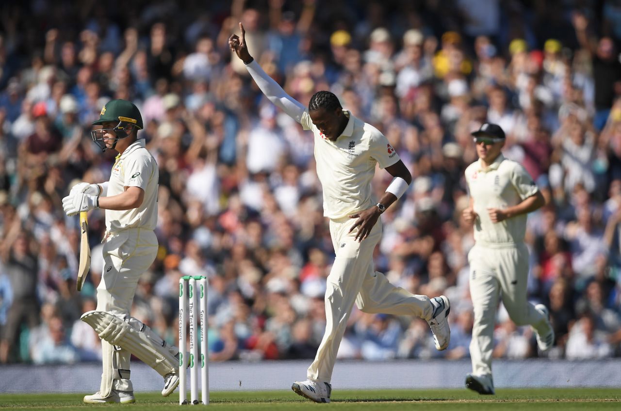 Jofra Archer celebrates the wicket of Marcus Harris, England v Australia, 5th Test, The Oval, September 13, 2019