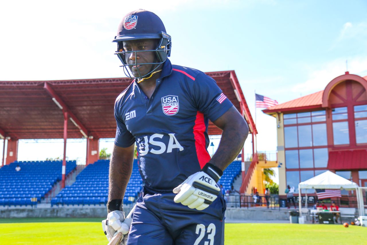Xavier Marshall walks out at the start of play for USA's first ODI on home soil, USA v Papua New Guinea, CWC League Two tri-series, Lauderhill, September 13, 2019
