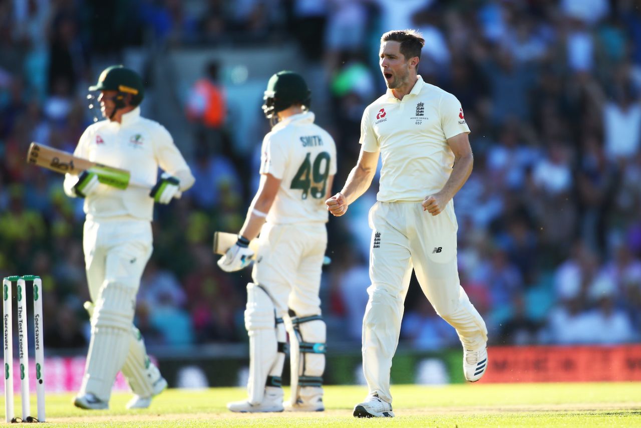 Chris Woakes celebrates the prized scalp of Steve Smith, England v Australia, 5th Test, The Oval, September 13, 2019