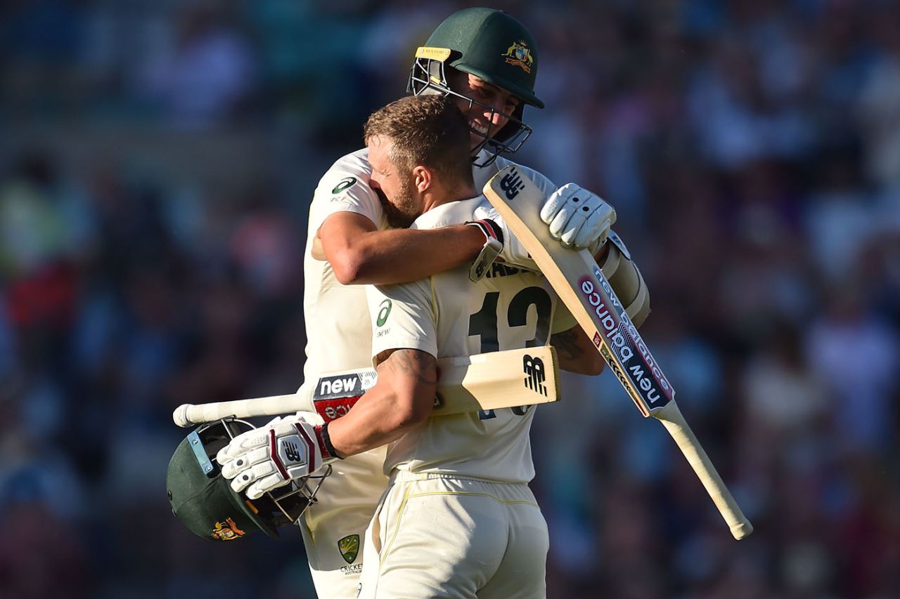 Matthew Wade celebrates with Pat Cummins after bringing up his ton, England v Australia, 5th Test, The Oval, September 15, 2019