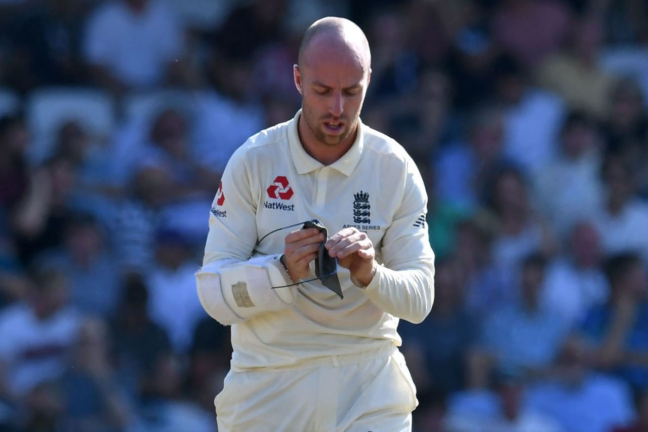 Jack Leach wipes the sweat from his glasses during his innings of one not out, England v Australia, 3rd Ashes Test, Headingley, August 25, 2019