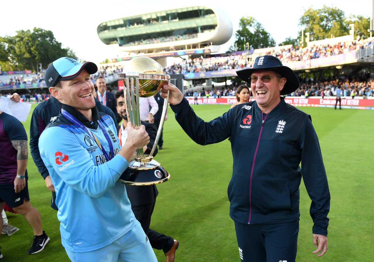 Trevor Bayliss celebrates with the trophy after winning the 2019 World Cup, New Zealand v England, Lord's, London, England, July 14, 2019