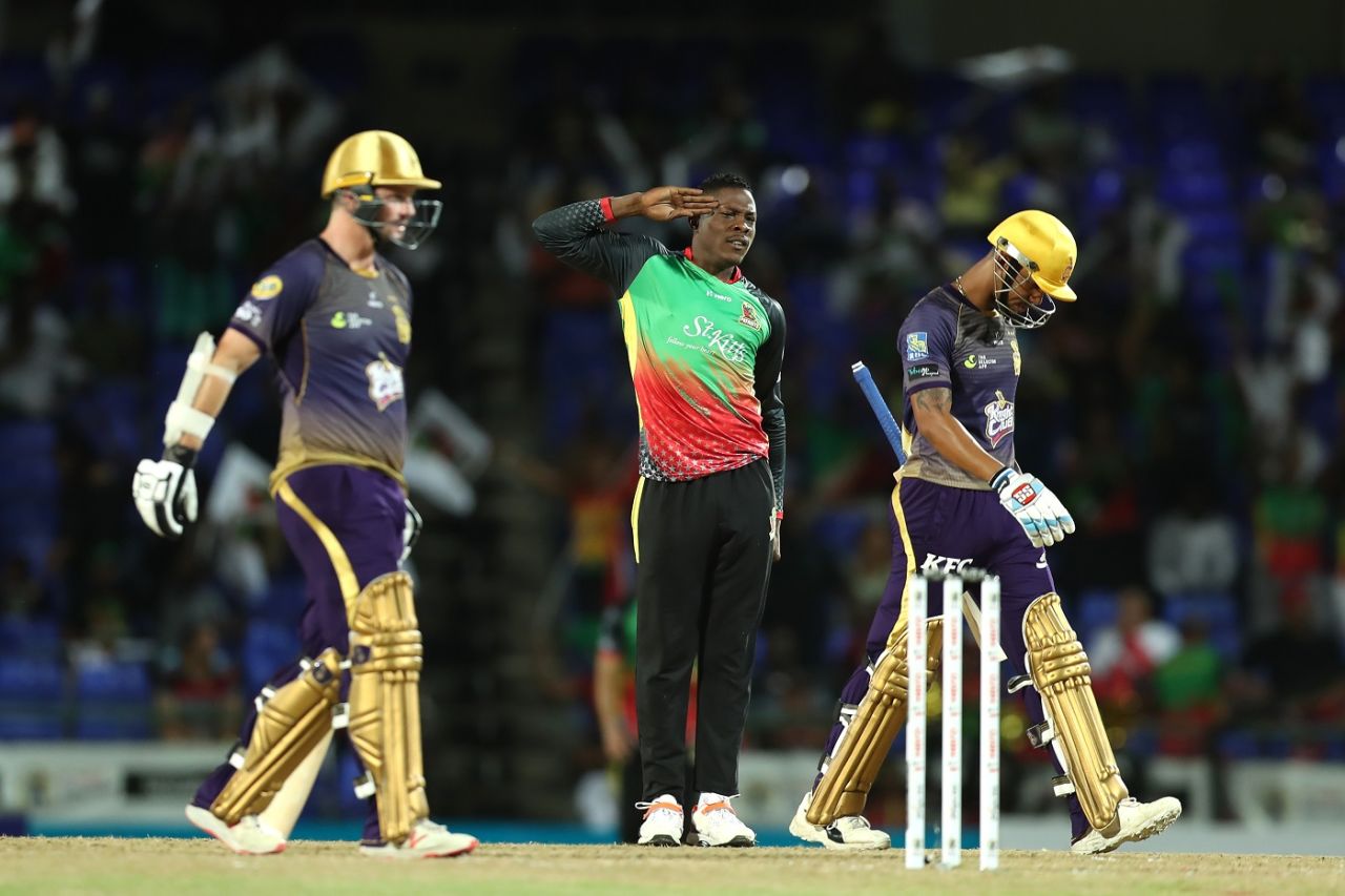 A salute for Simmons: Sheldon Cottrell with his trademark celebration after dismissing the batsman for 90, St Kitts and Nevis Patriots v Trinbago Knight Riders, CPL 2019, Basseterre, September 17, 2019