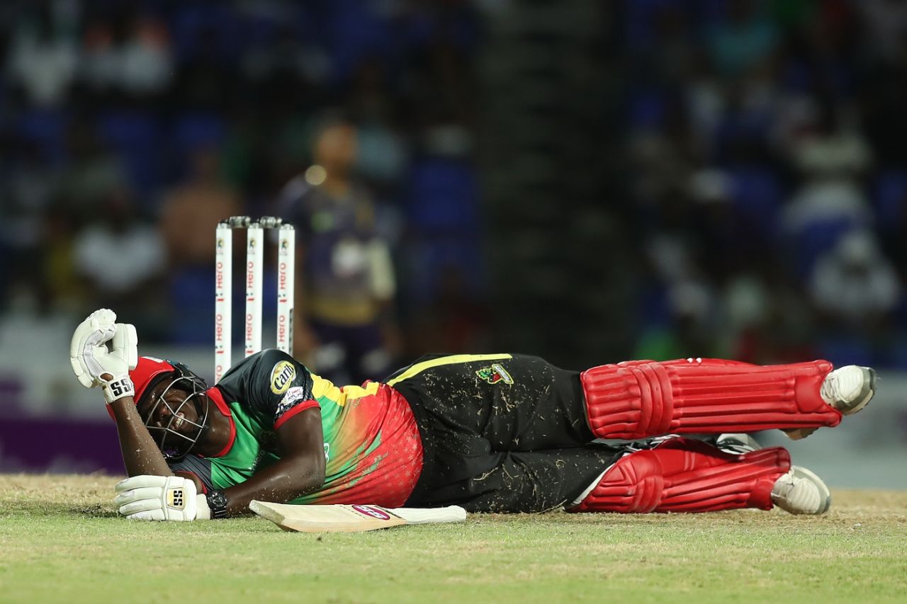 Carlos Brathwaite makes it back to the crease in time , St Kitts and Nevis Patriots v Trinbago Knight Riders, CPL 2019, Basseterre, September 17, 2019