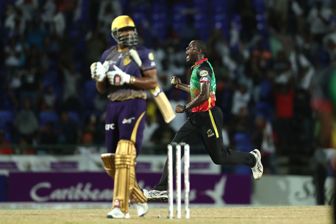 Carlos Brathwaite conceded only five runs in the Super Over, St Kitts and Nevis Patriots v Trinbago Knight Riders, CPL 2019, Basseterre, September 17, 2019