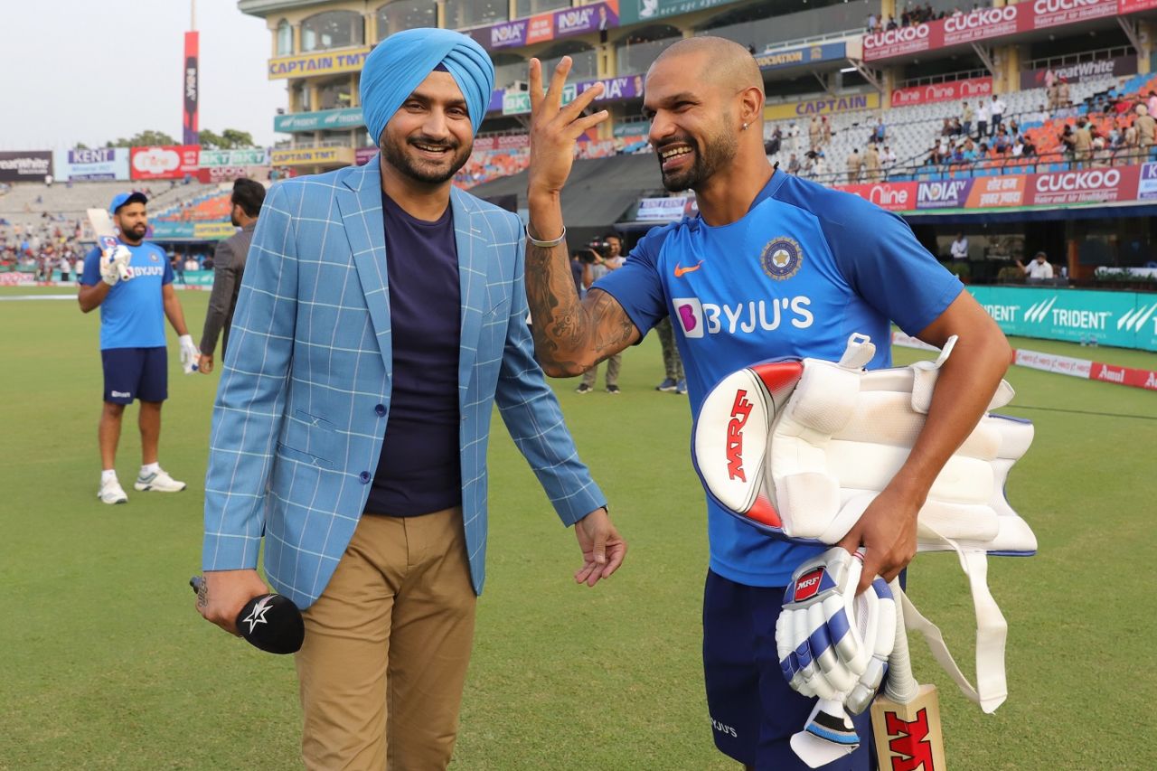 Harbhajan Singh and Shikhar Dhawan enjoy a lighter moment, India v South Africa, 2nd T20I, Mohali, September 18, 2019