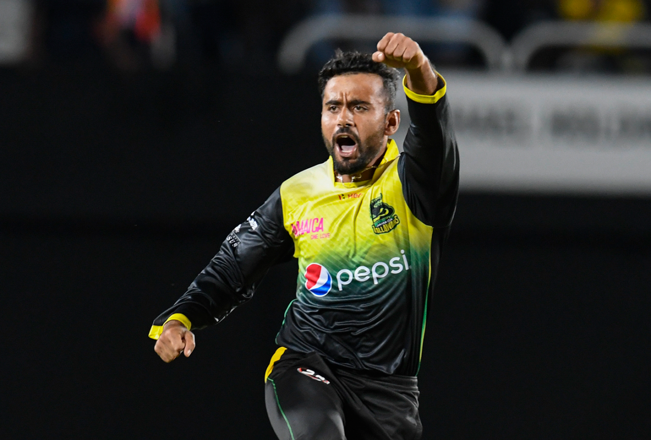 Zahir Khan celebrates a wicket during the CPL,  Jamaica Tallawahs v Trinbago Knight Riders, CPL, Sabina Park, September 13, 2019
