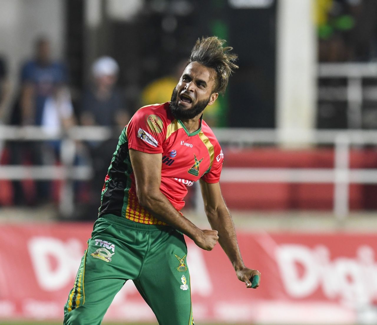 Imran Tahir is pumped up after taking a wicket, Jamaica Tallawahs v Guyana Amazon Warriors, CPL 2019, Kingston, September 18, 2019