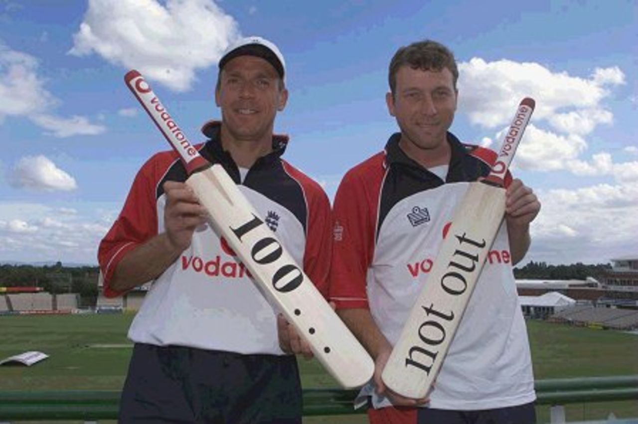 01 Aug 2000: Alec Stewart and Mike Atherton ahead of their 100th test match, the 3rd Test match against the West Indies at Old Trafford in Manchester.