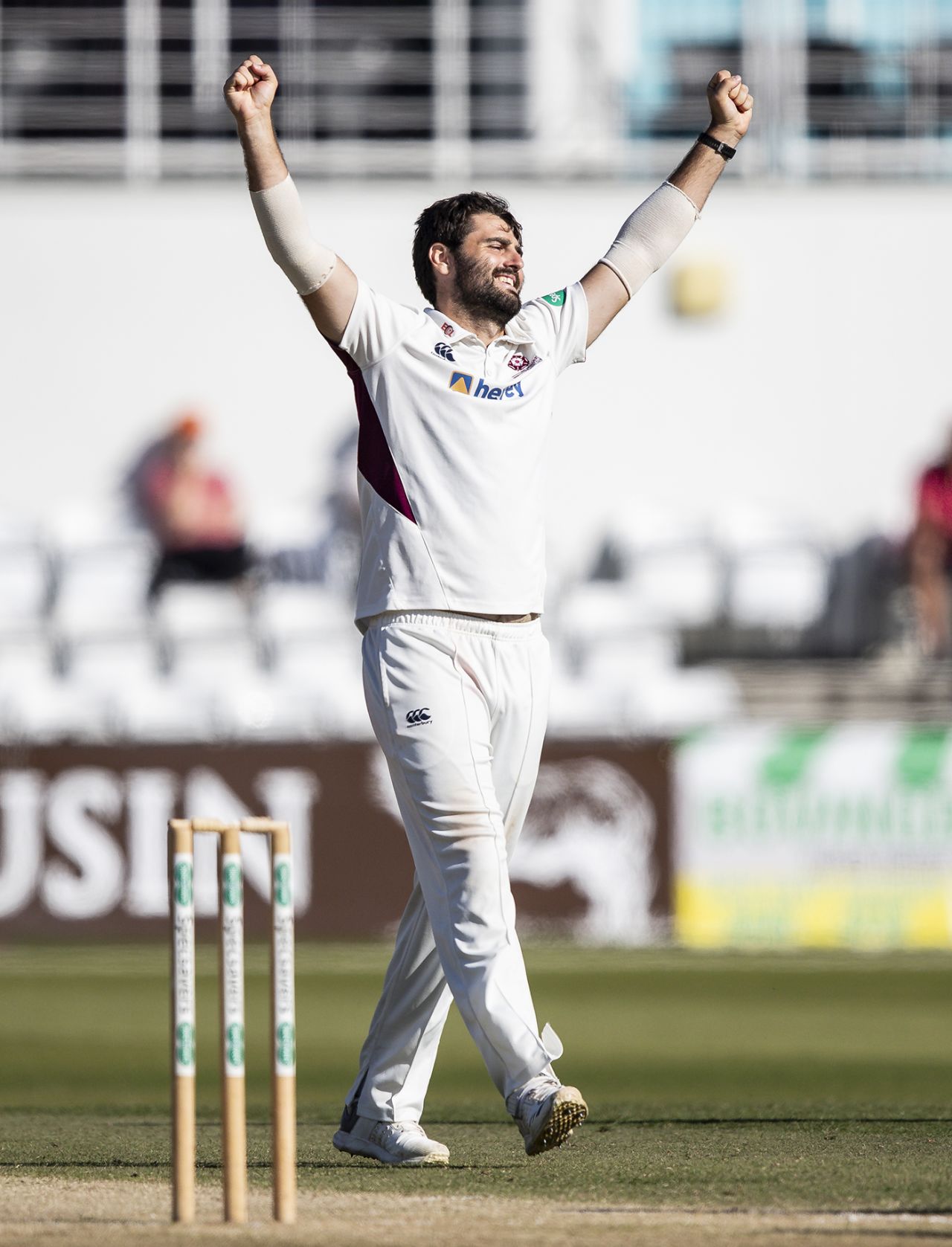 Brett Hutton celebrates a breakthrough, Northamptonshire v Durham, County Championship Division Two, Wantage Road, September 19, 2019