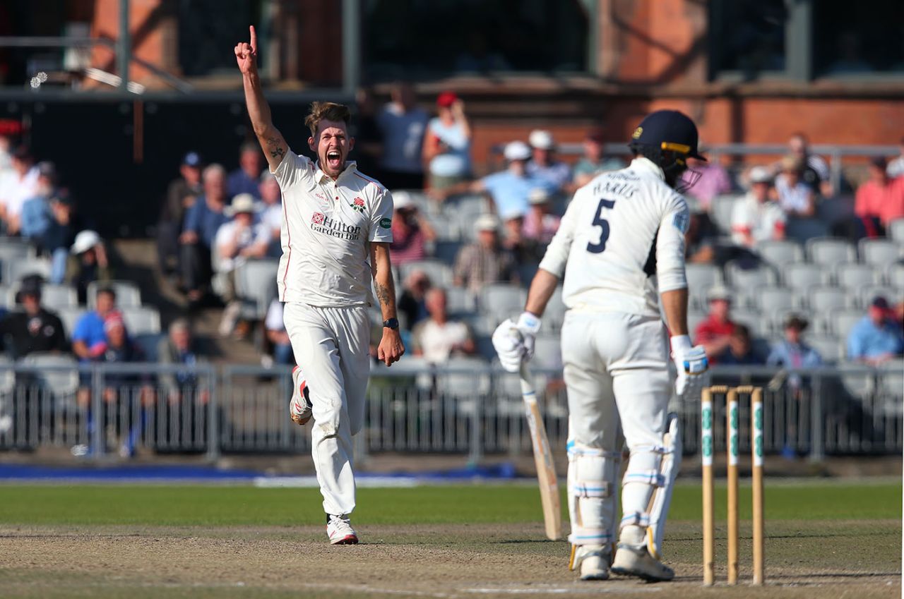 Tom Bailey of Lancashire celebrates after taking the wicket of James Harris, Lancashire v Middlesex, County Championship Division Two, Old Trafford, September 19, 2019