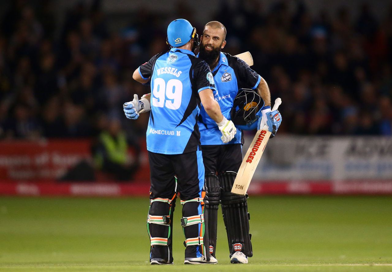 Moeen Ali of Worcestershire Rapids celebrates his century with team-mate Riki Wessels, Sussex Sharks v Worcestershire Rapids, Vitality Blast quarter-final, Hove, September 06, 2019