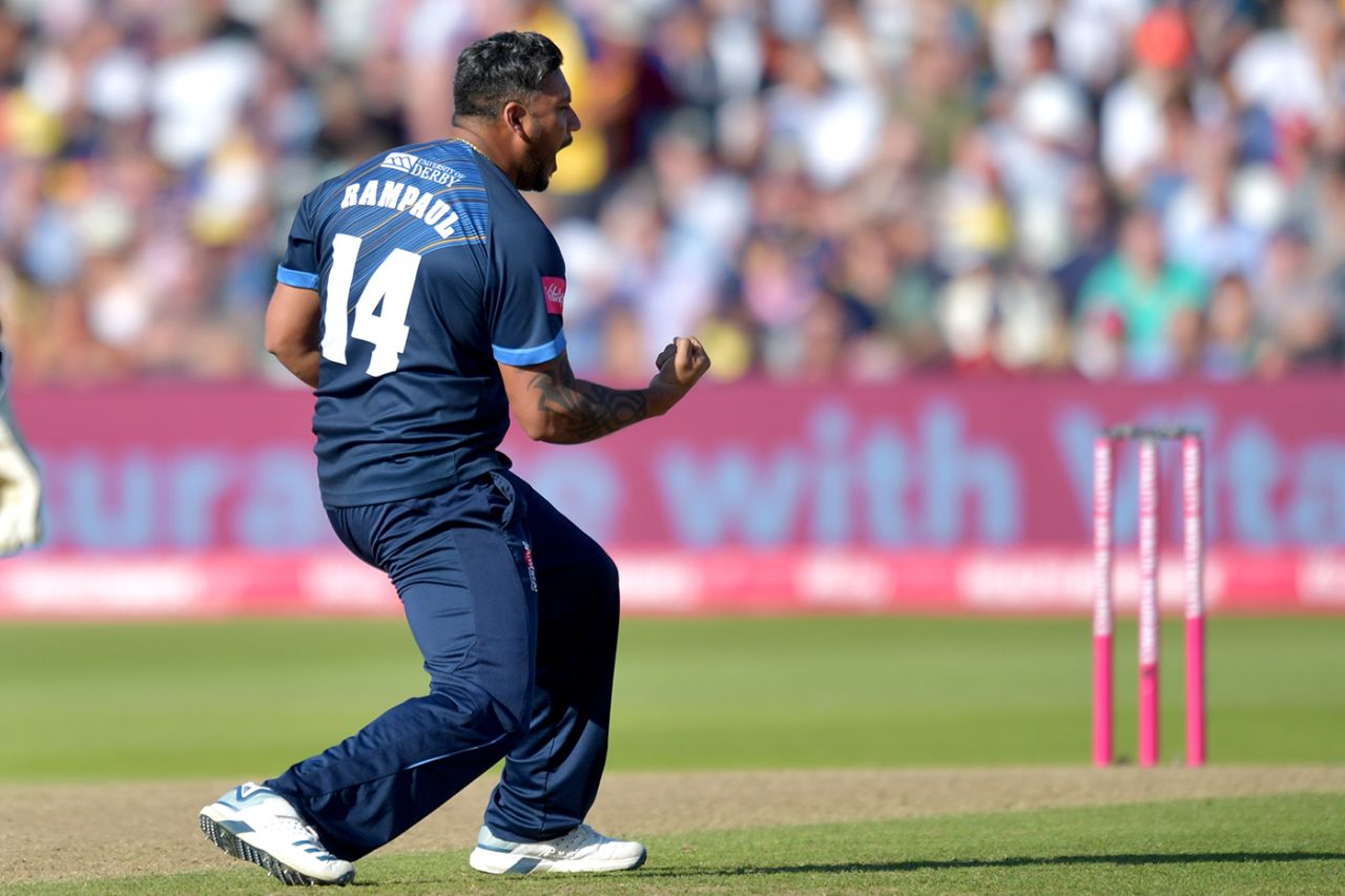Ravi Rampaul celebrates a wicket, Derbyshire v Essex, Vitality Blast semi-final, Edgbaston, September 21, 2019