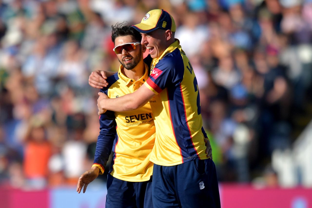 Aron Nijjar gets a hug from Dan Lawrence, Derbyshire v Essex, Vitality Blast semi-final, Edgbaston, September 21, 2019