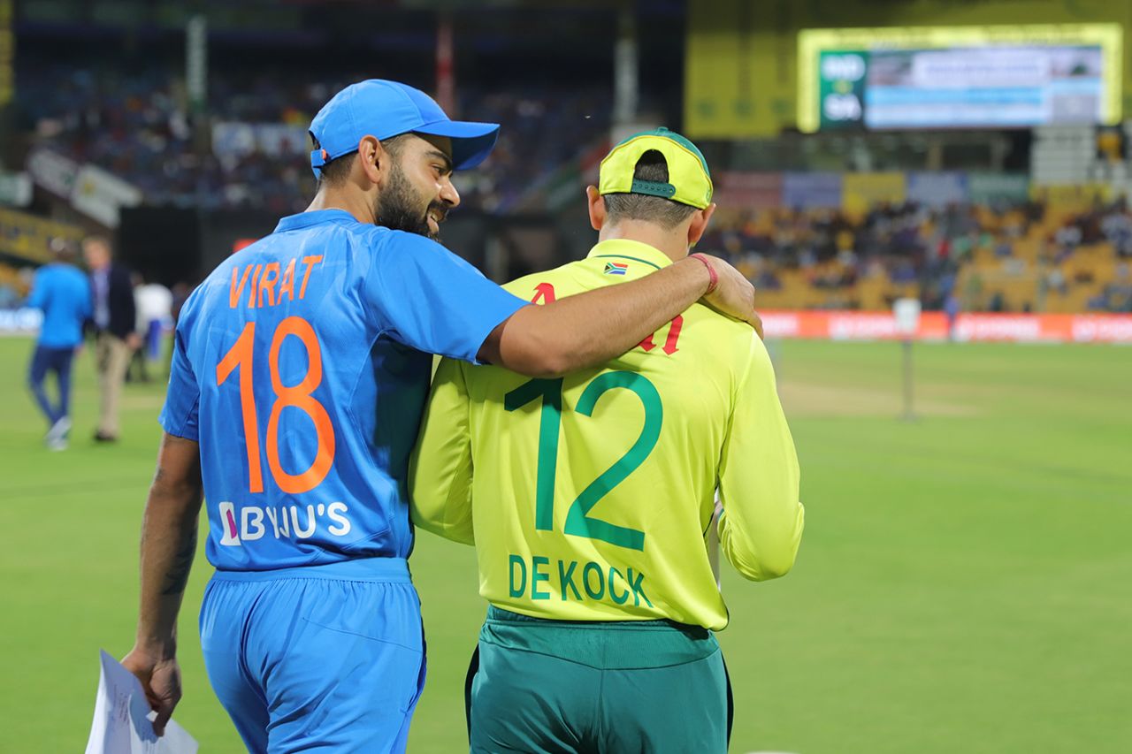 Virat Kohli and Quinton de Kock have a chat on their way to the coin toss, India v South Africa, 3rd T20I, Bengaluru, September 22, 2019