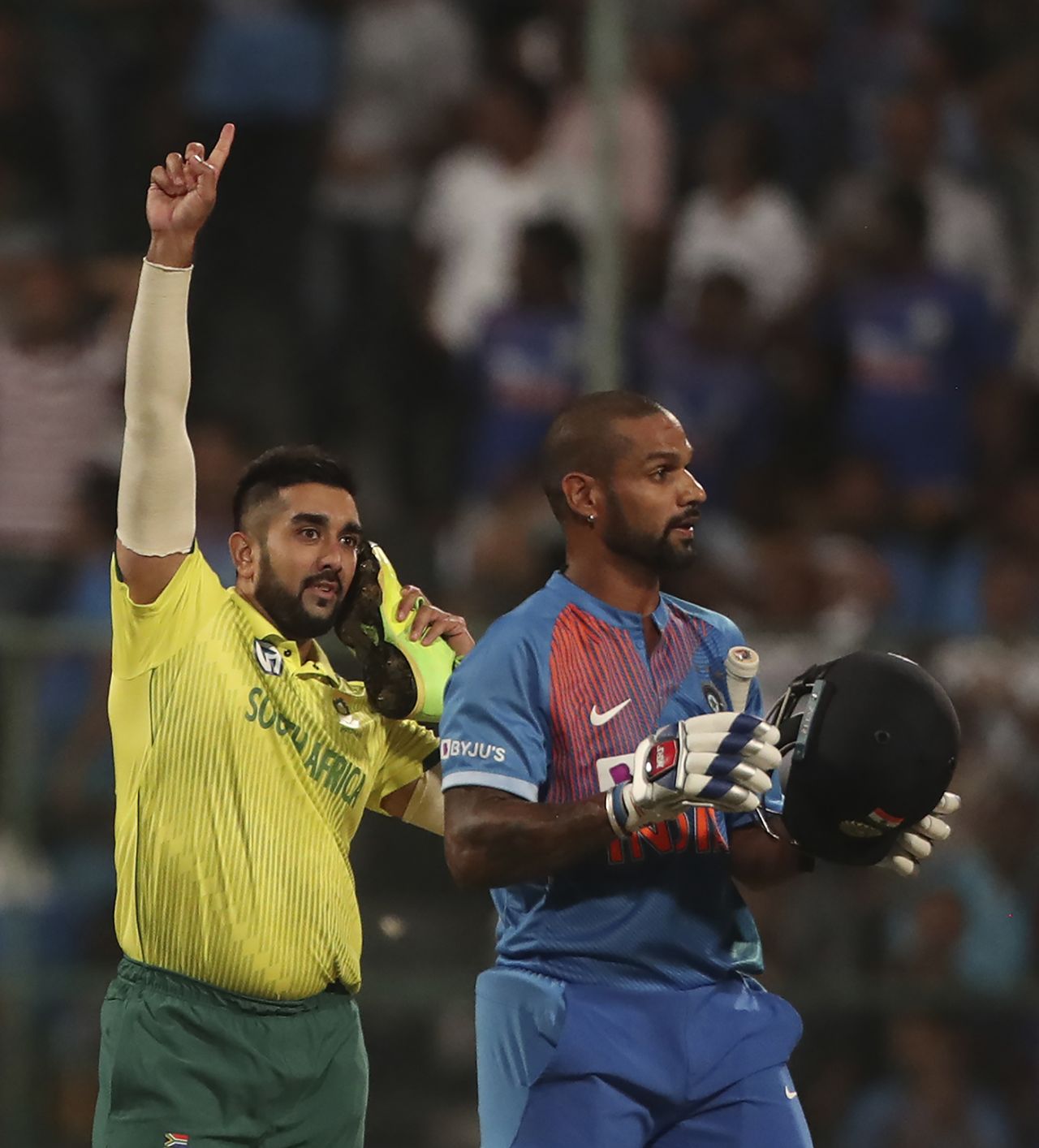 Tabraiz Shamsi celebrates Shikhar Dhawan's wicket, India v South Africa, 3rd T20I, Bengaluru, September 22, 2019