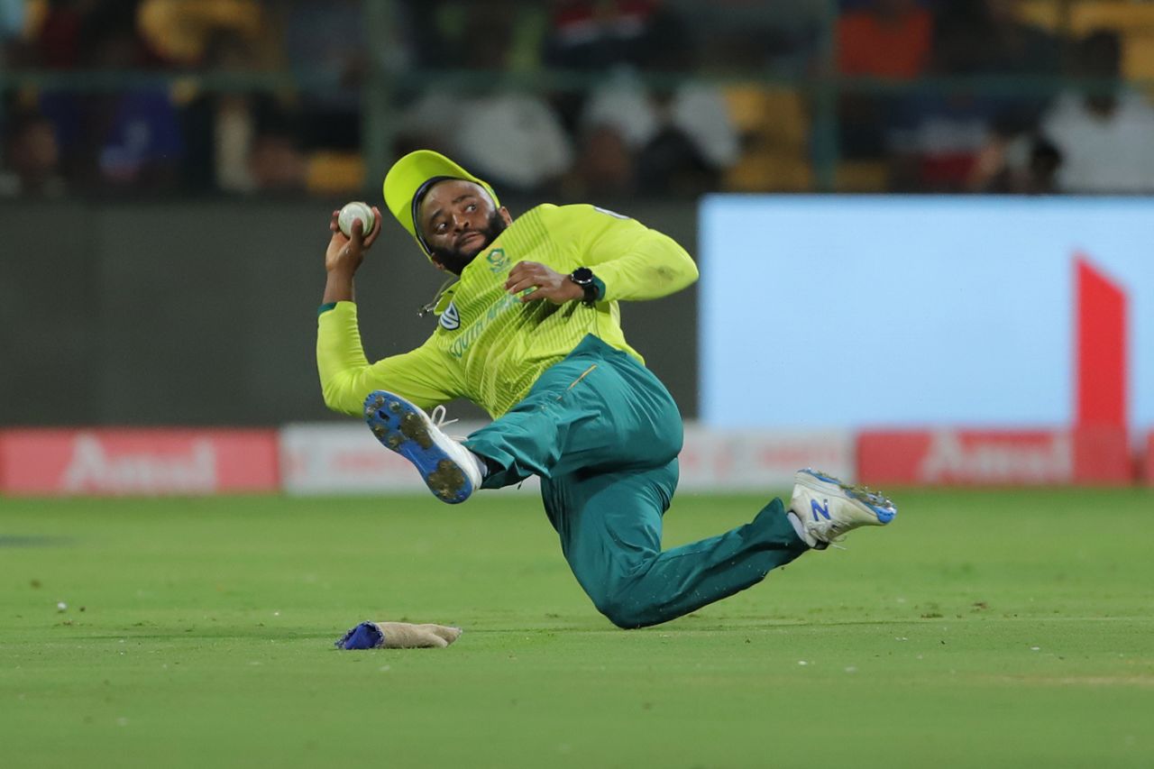Temba Bavuma shapes to throw the ball, India v South Africa, 3rd T20I, Bengaluru, September 22, 2019