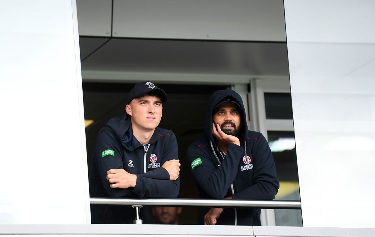 Tom Banton and Murali Vijay look on as the weather continues to frustrate Somerset, Somerset v Essex, County Championship, Division One, Taunton, September 25, 2019