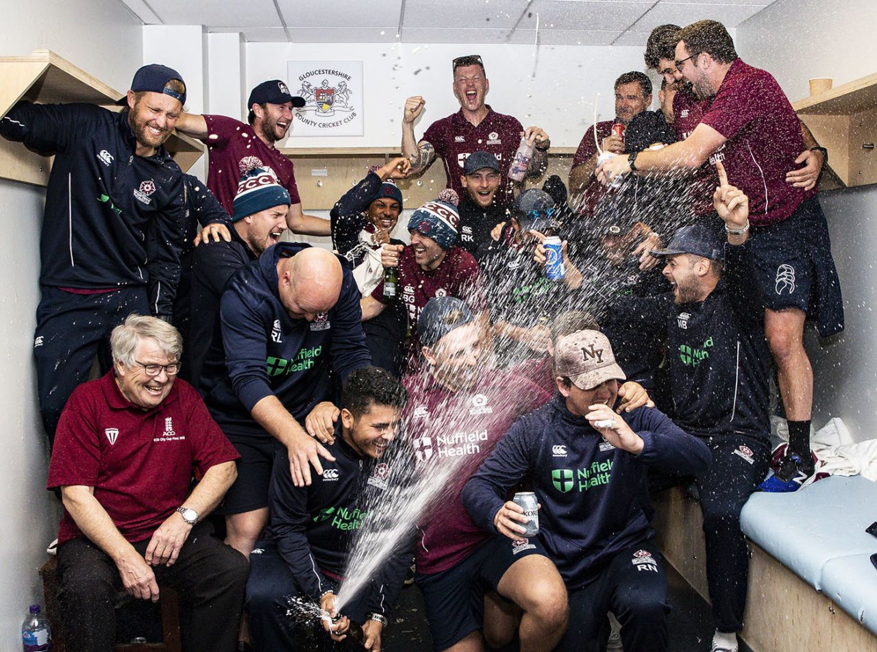 Northamptonshire celebrate after their promotion to Division One is confirmed, Gloucestershire v Northamptonshire, County Championship Division Two, Bristol, September 26, 2019