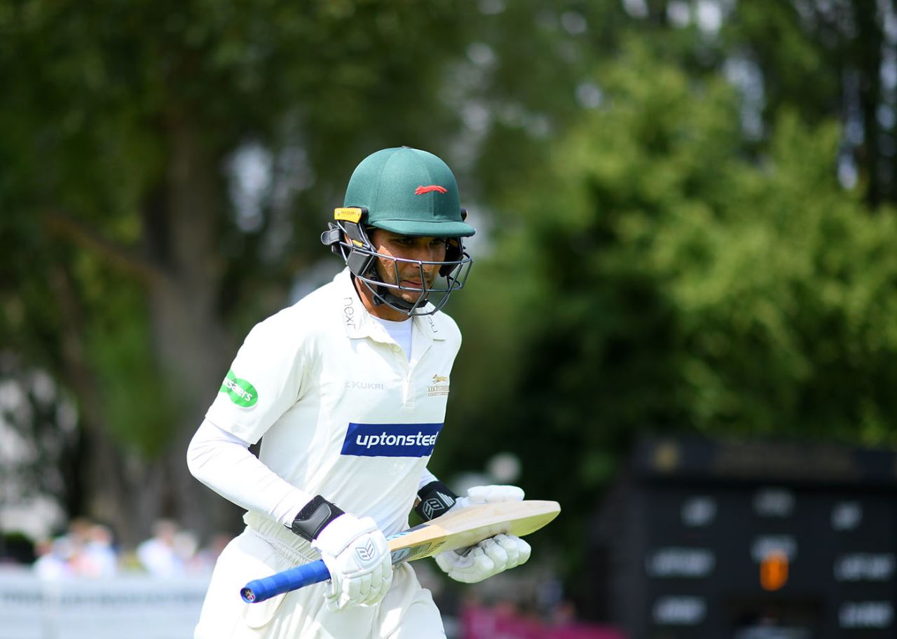 Hassan Azad makes his way out to bat, County Championship Division Two, Gloucestershire v Leicestershire, Cheltenham, July 15, 2019 