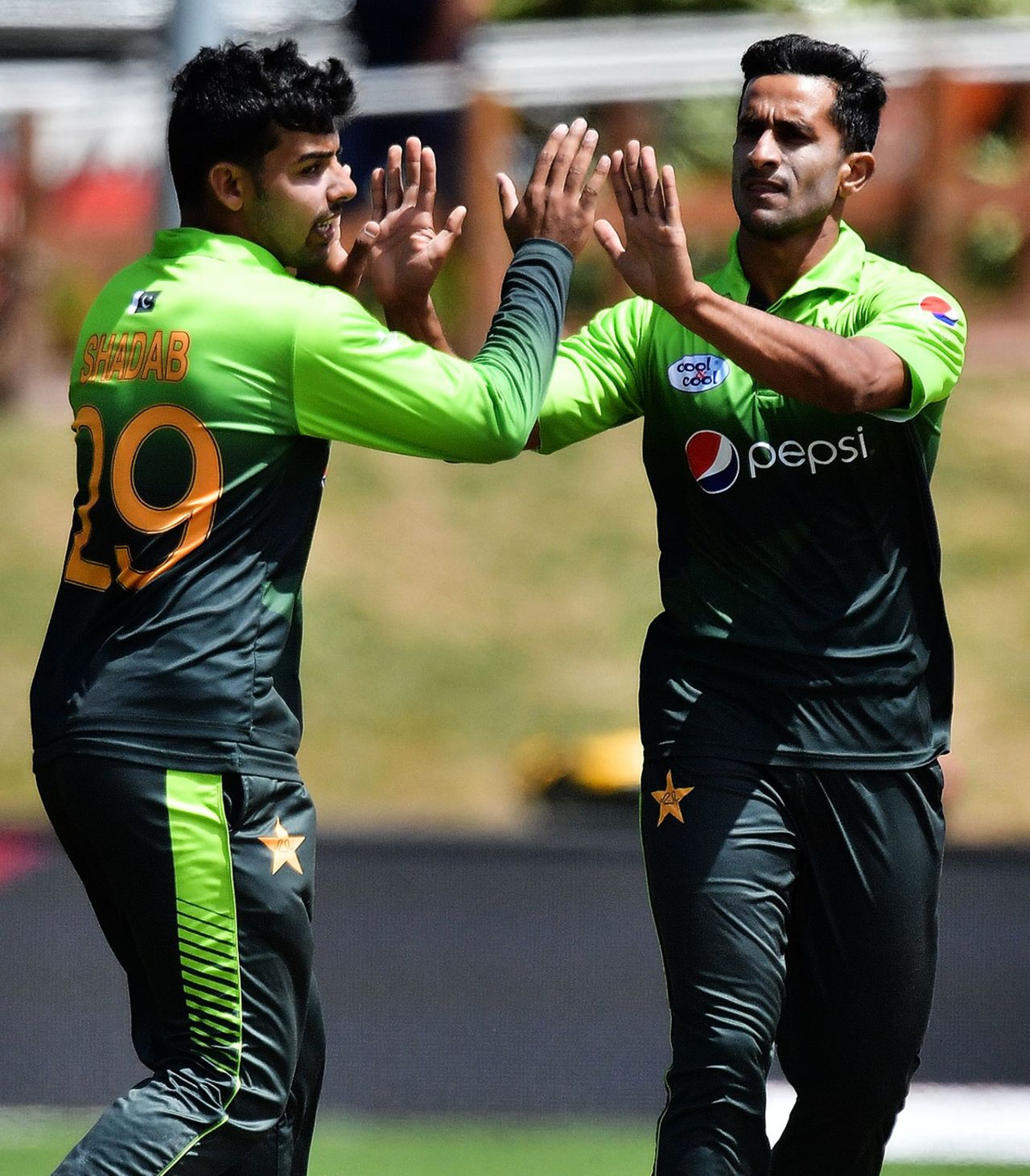 Shadab Khan and Hasan Ali celebrate a wicket, New Zealand v Pakistan, 3rd ODI, Dunedin, January 13, 2018