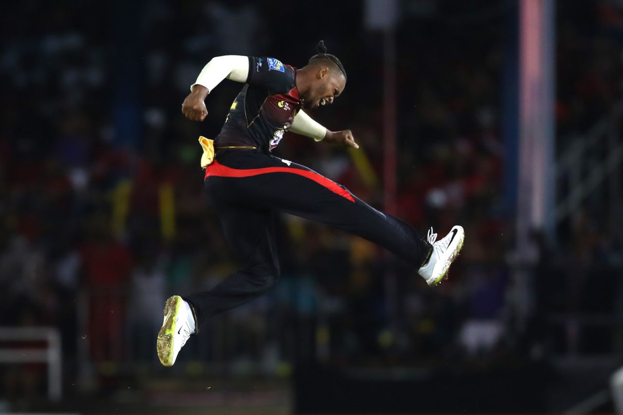 Javon Searles is thrilled after one of his strikes, Trinbago Knight Riders v Guyana Amazon Warriors, CPL 2019, Port-of-Spain, September 30, 2019