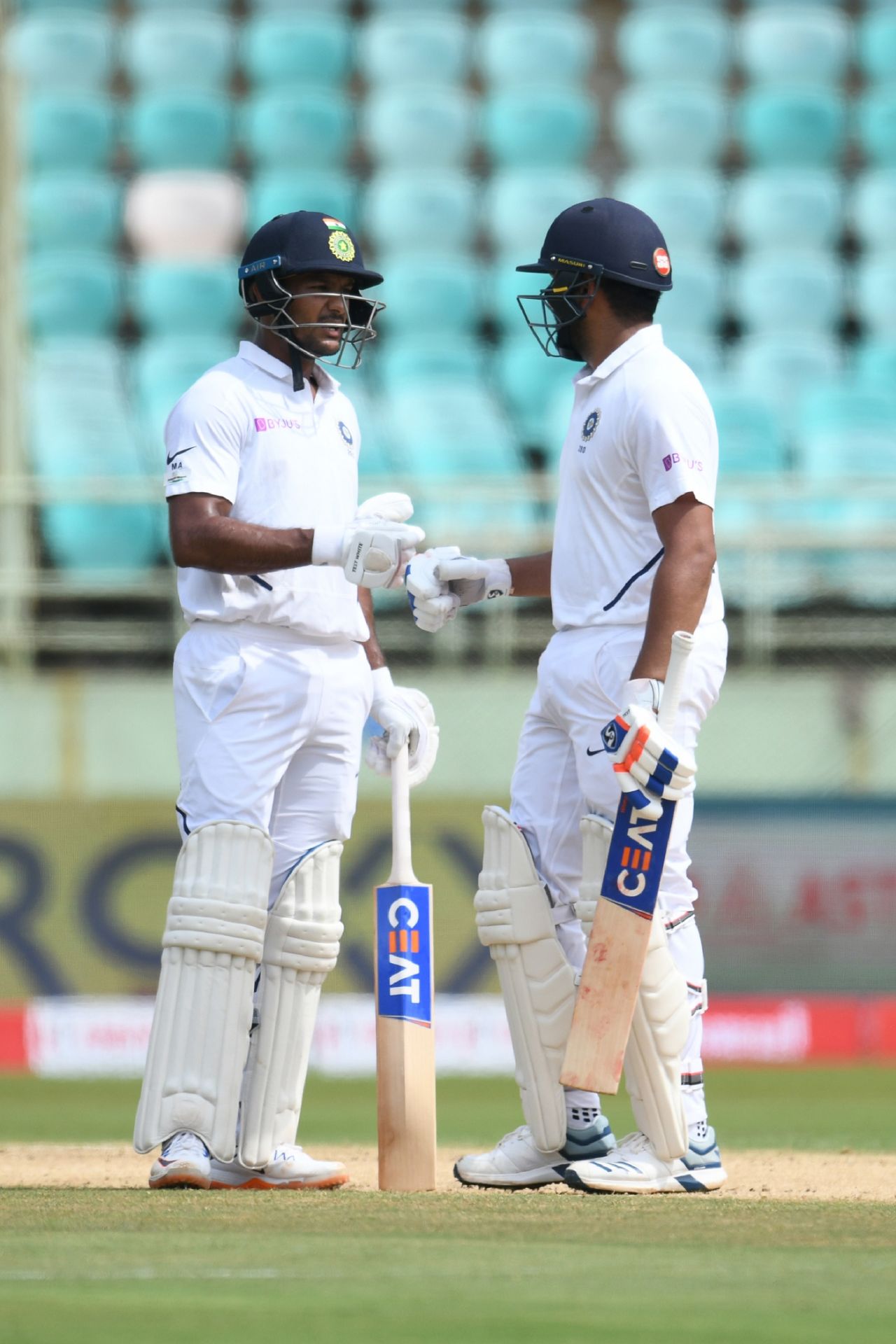 Mayank Agarwal and Rohit Sharma have a chat in the middle, India v South Africa, 1st Test, Visakhapatnam, Day 1, October 2, 2019