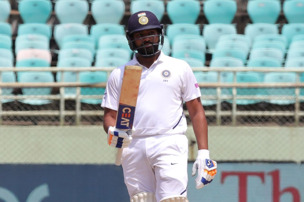Rohit Sharma raises his bat after reaching fifty, India v South Africa, 1st Test, Visakhapatnam, Day 1, October 2, 2019