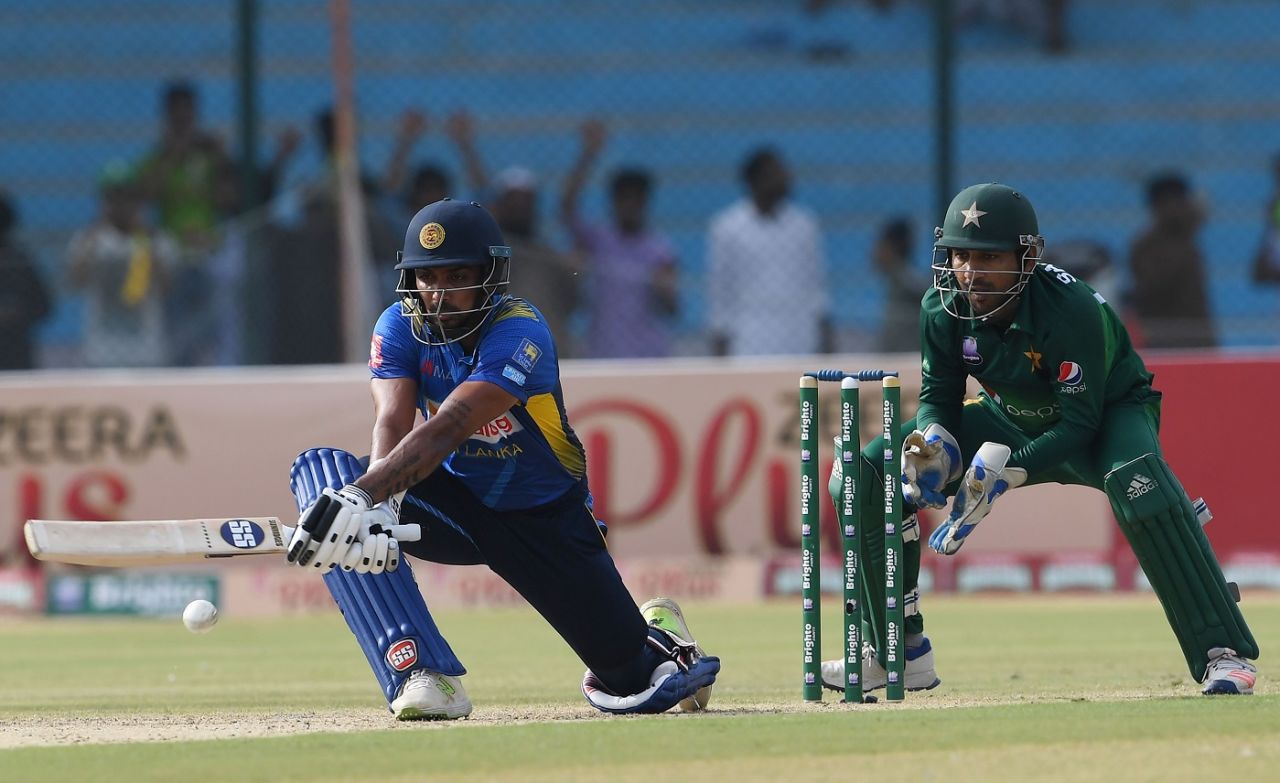Danushka Gunathilaka plays a reverse sweep, Pakistan v Sri Lanka, 3rd ODI, Karachi, October 2, 2019