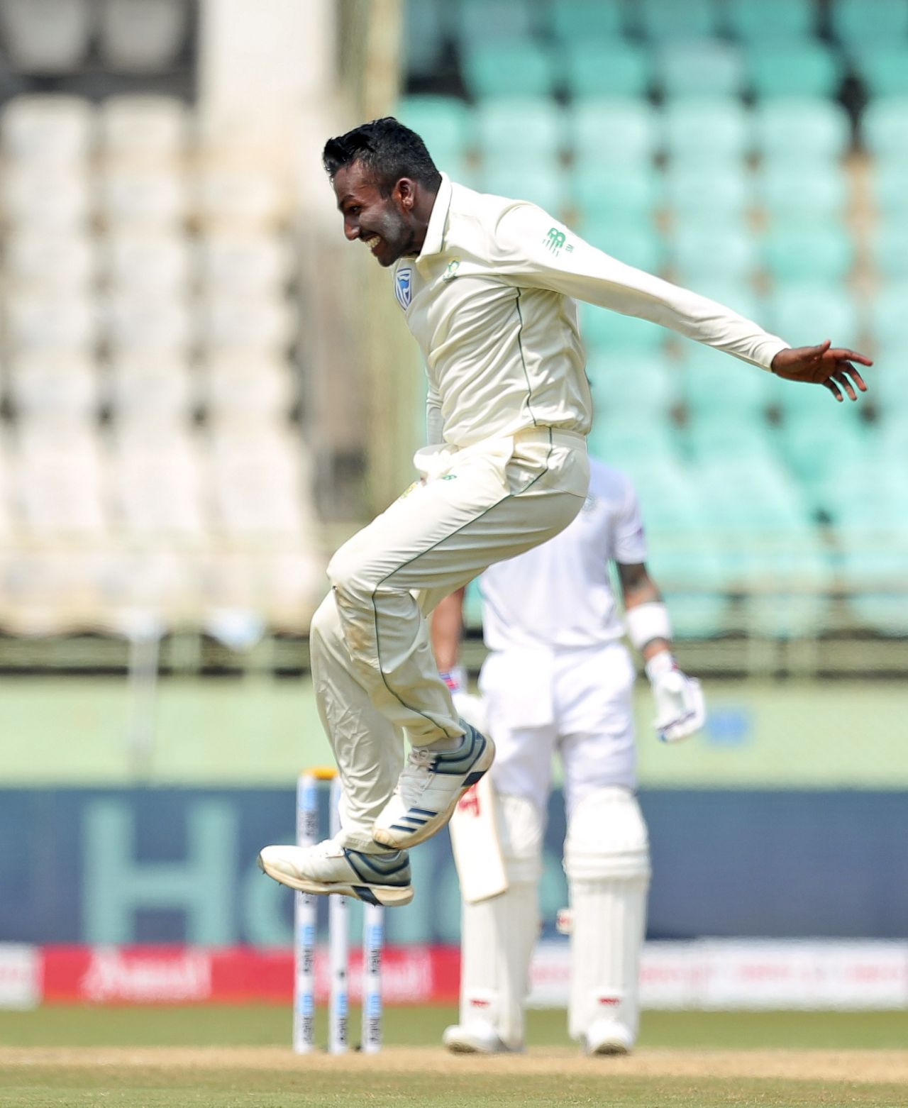 Senuran Muthusamy is ecstatic after dismissing Virat Kohli, India v South Africa, 1st Test, Visakhapatnam, Day 2, October 3, 2019