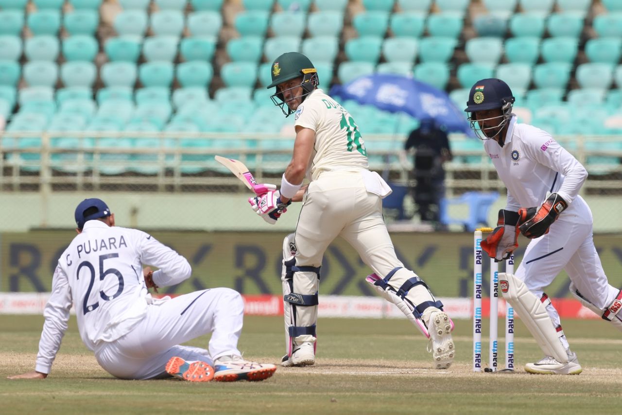 Faf du Plessis is taken at leg slip by Cheteshwar Pujara, India v South Africa, 1st Test, Visakhapatnam, Day 3, October 4, 2019