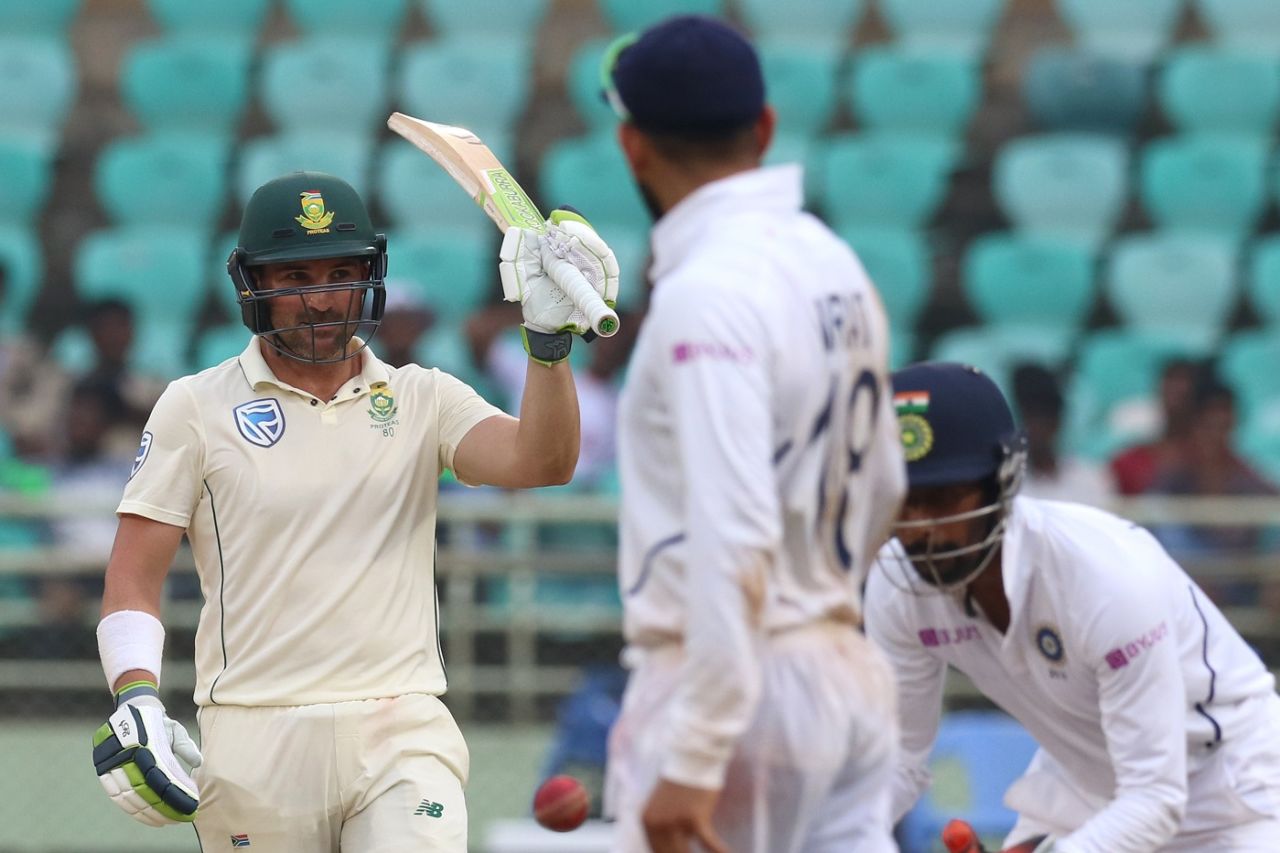 Dean Elgar acknowledges the applause upon reaching 150, India v South Africa, 1st Test, Visakhapatnam, Day 3, October 4, 2019