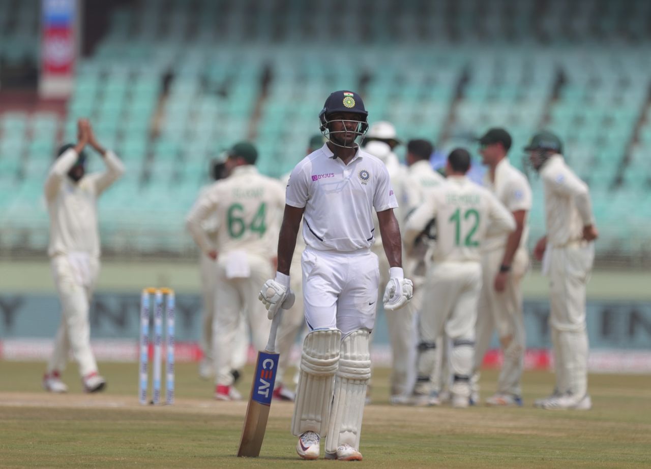 Mayank Agarwal walks back after his dismissal, India v South Africa, 1st Test, Visakhapatnam, Day 4, October 5, 2019