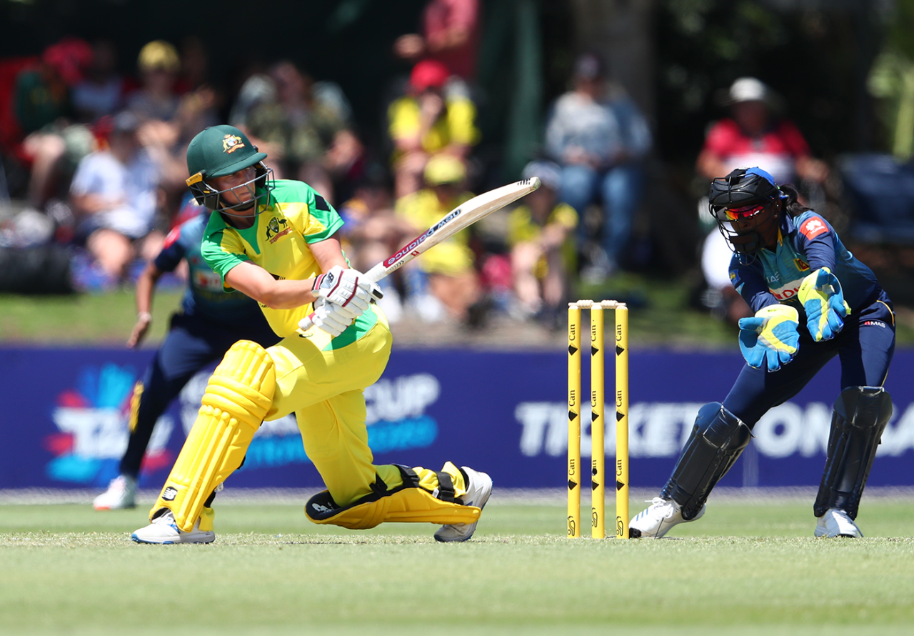 Meg Lanning sweeps as she top scores with 73 off 66 balls, Australia v Sri Lanka, 1st Women's ODI, Allan Border Field, October 5, 2019