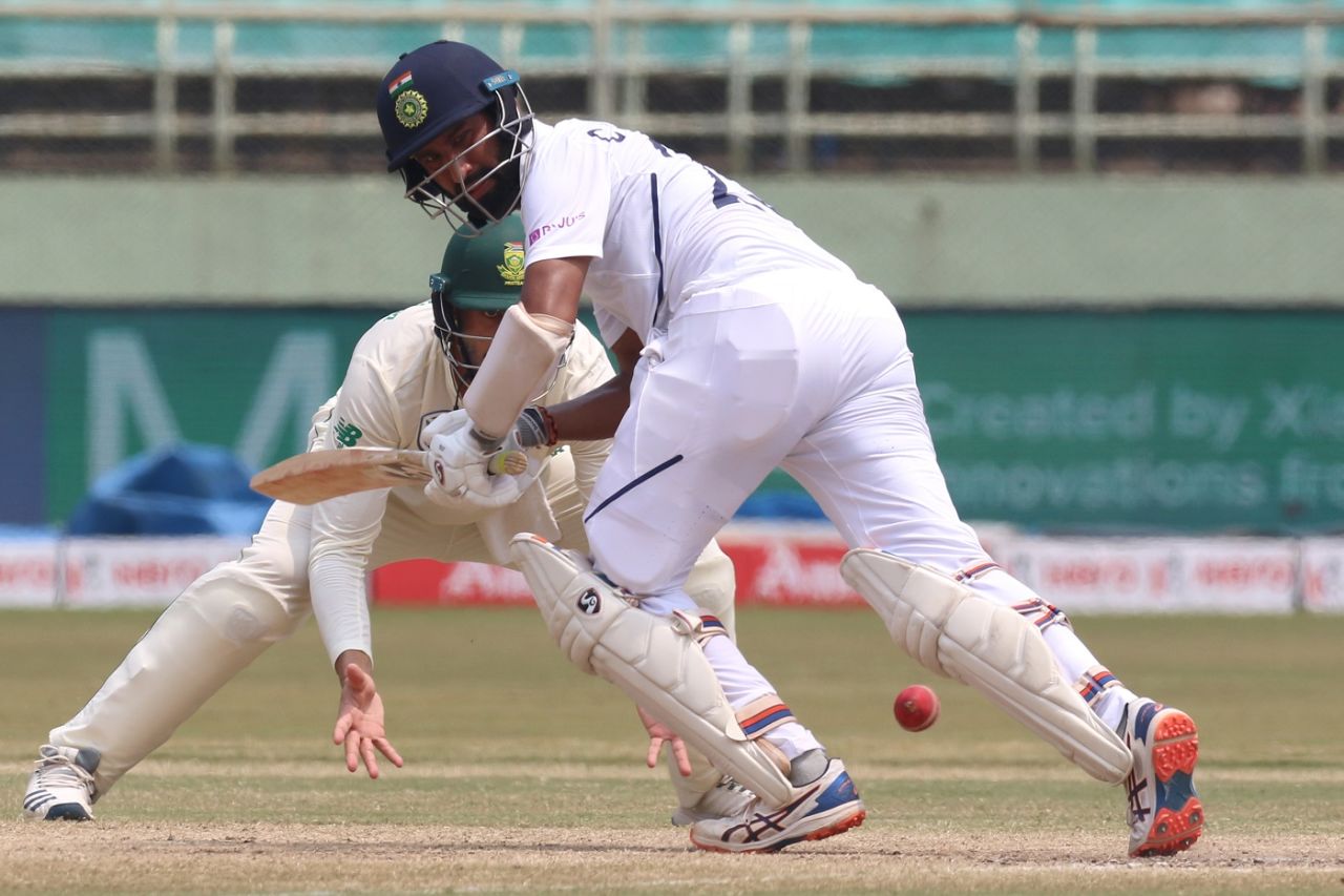 Cheteshwar Pujara plays one away towards fine leg, India v South Africa, 1st Test, Visakhapatnam, Day 4, October 5, 2019