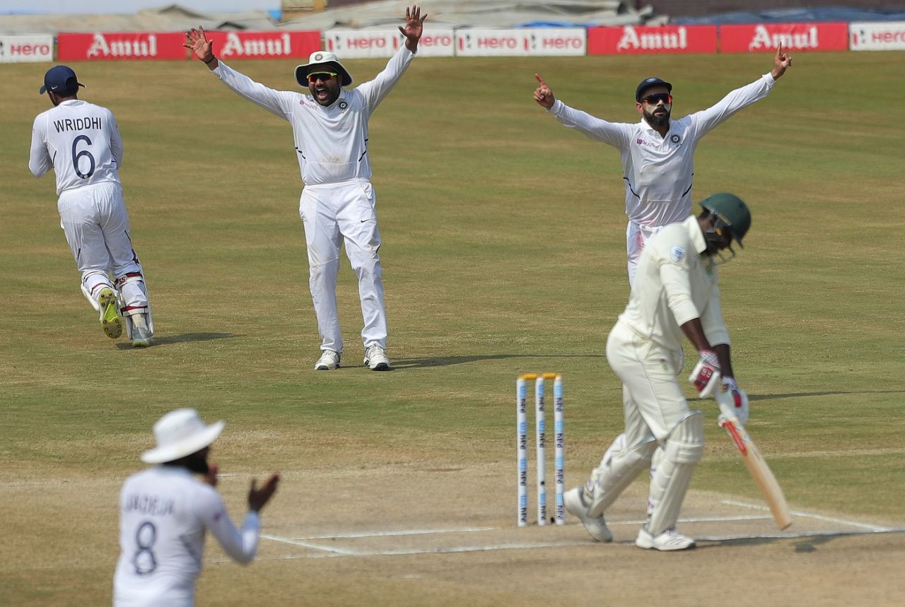 Kagiso Rabada's dismissal means India have won their first three World Test Championship matches, India v South Africa, 1st Test, Visakhapatnam, 5th day, October 6, 2019