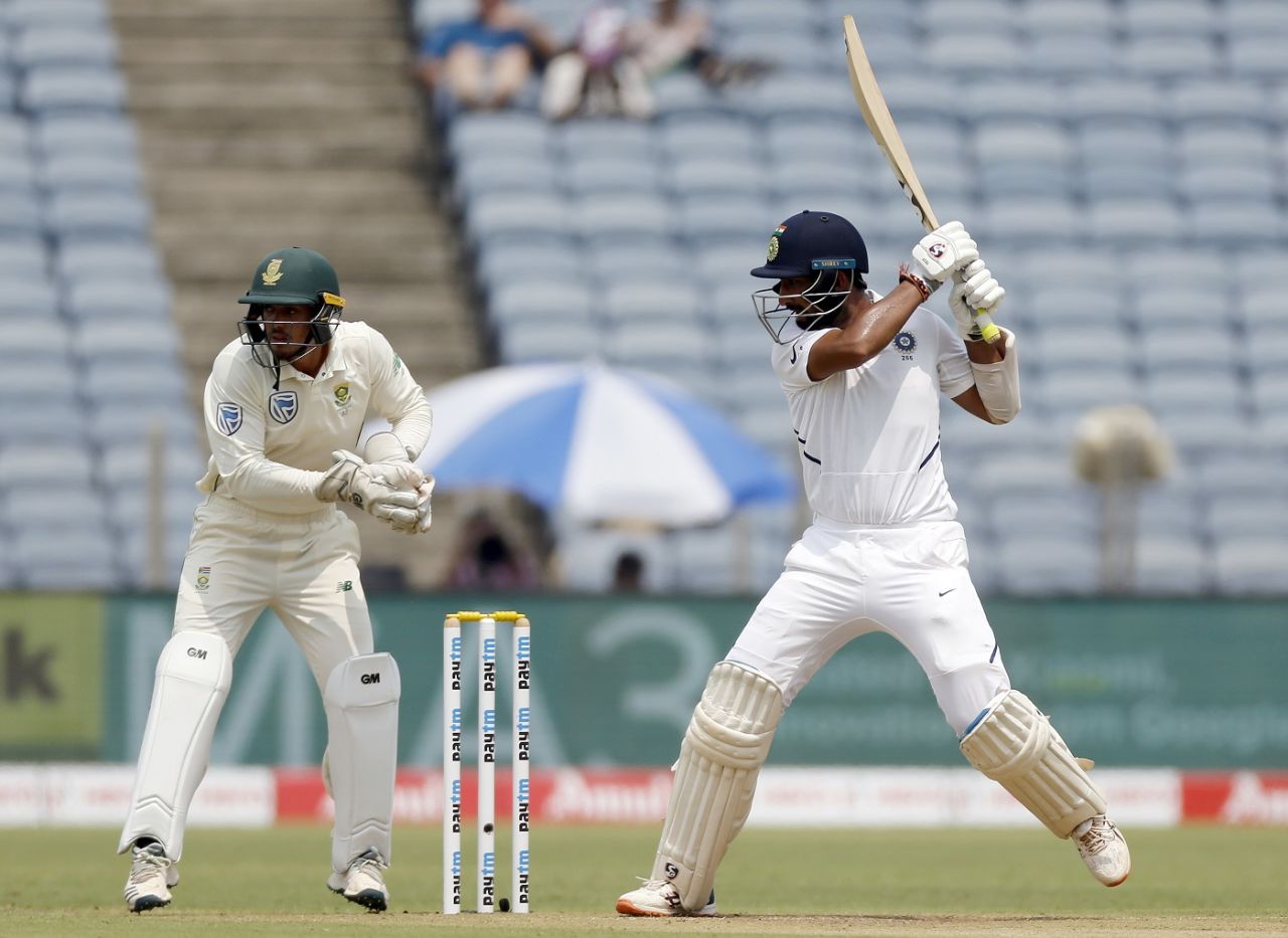 Cheteshwar Pujara plays a cut, India v South Africa, 2nd Test, Pune, 1st day, October 10, 2019